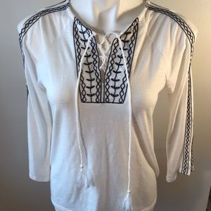 89th & Madison Boho Blouse White, Black Embroidery